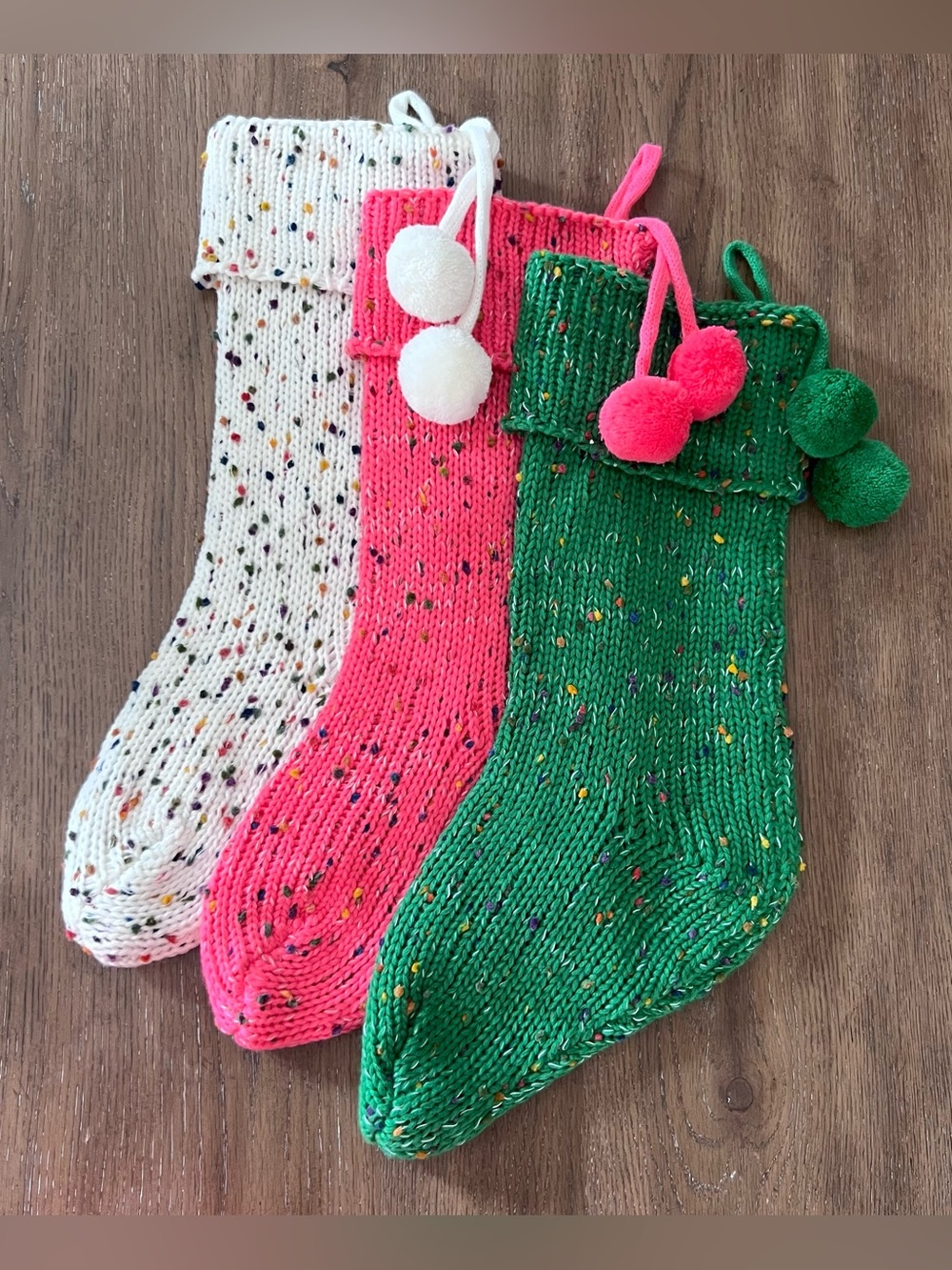 3 - 19” Green/Pink/Cream Tweed Look Knitted Sweater Christmas Stockings
